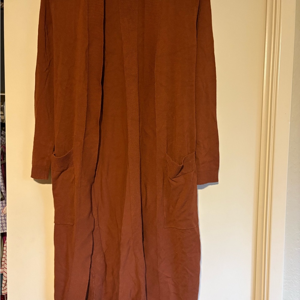 Nine West Long Cardigan Women’s XS Brown Rustic Open Front Sweater Pockets